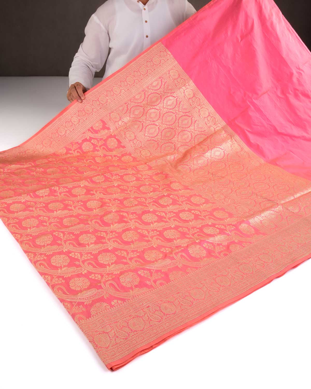 Pink Gold Zari Cutwork Brocade Handwoven Katan Silk Banarasi Diagonal Paisleys Saree-HolyWeaves