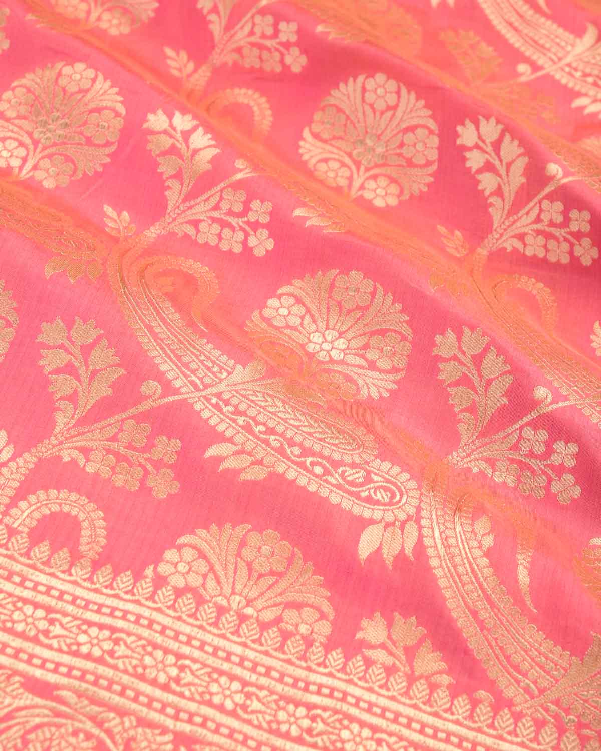 Pink Gold Zari Cutwork Brocade Handwoven Katan Silk Banarasi Diagonal Paisleys Saree-HolyWeaves