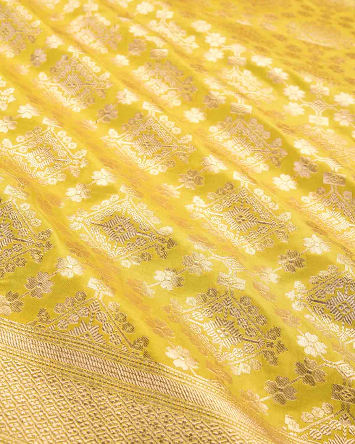 Lime Green Banarasi Gold Zari Jaal Cutwork Brocade Handwoven Katan Silk Saree-HolyWeaves