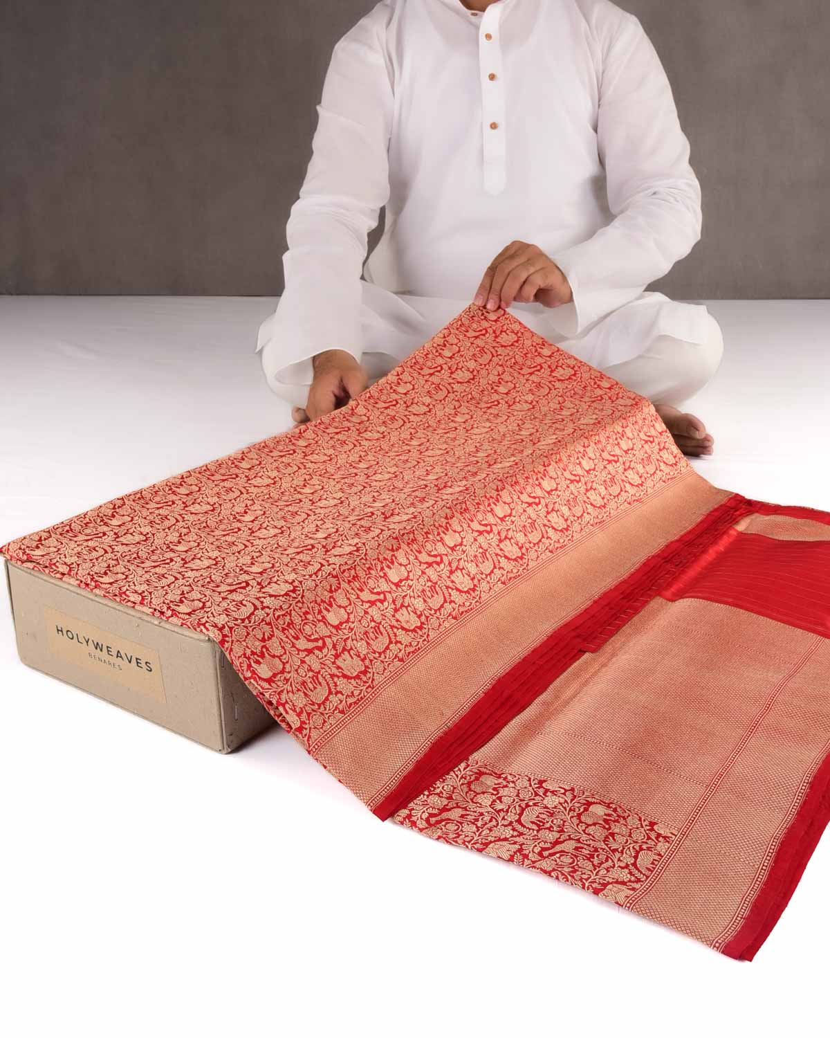 Red Banarasi Lion Giraffe Zebra Elephant Shikargah Brocade Handwoven Katan Silk Saree-HolyWeaves