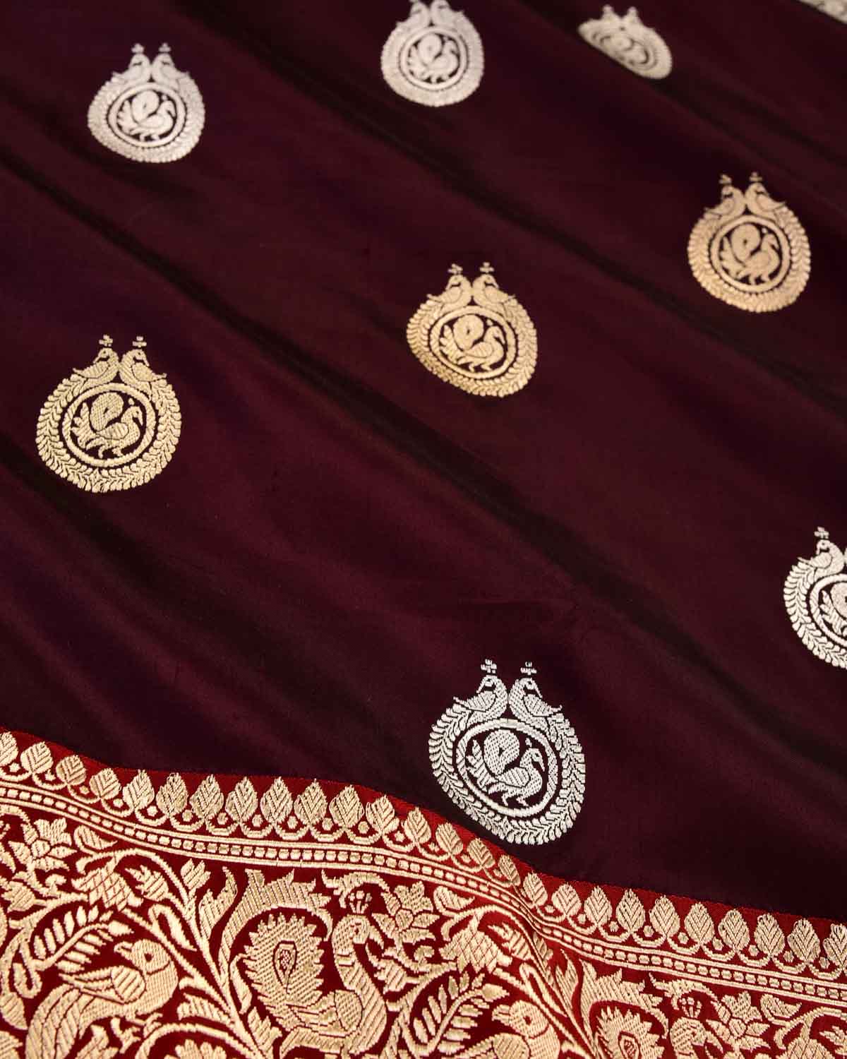 Mahogany Banarasi Peacock Ring Kadhuan Brocade Handwoven Katan Silk Saree-HolyWeaves