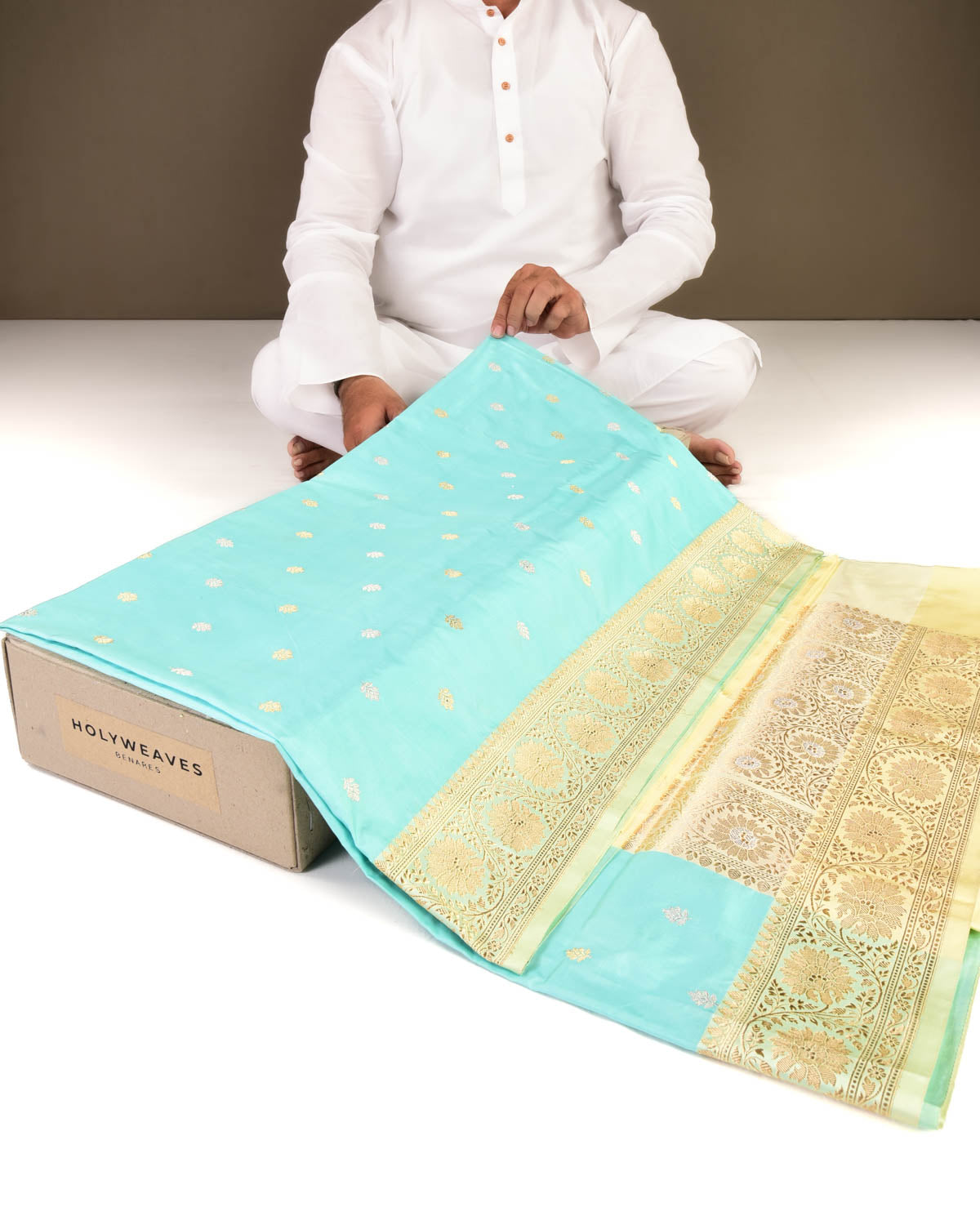 Ferozi Banarasi Gold & Silver Zari Buti Kadhuan Brocade Handwoven Katan Silk Saree-HolyWeaves