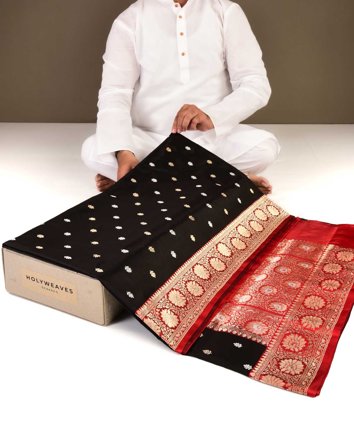 Black Banarasi Gold & Silver Zari Buti Kadhuan Brocade Handwoven Katan Silk Saree-HolyWeaves