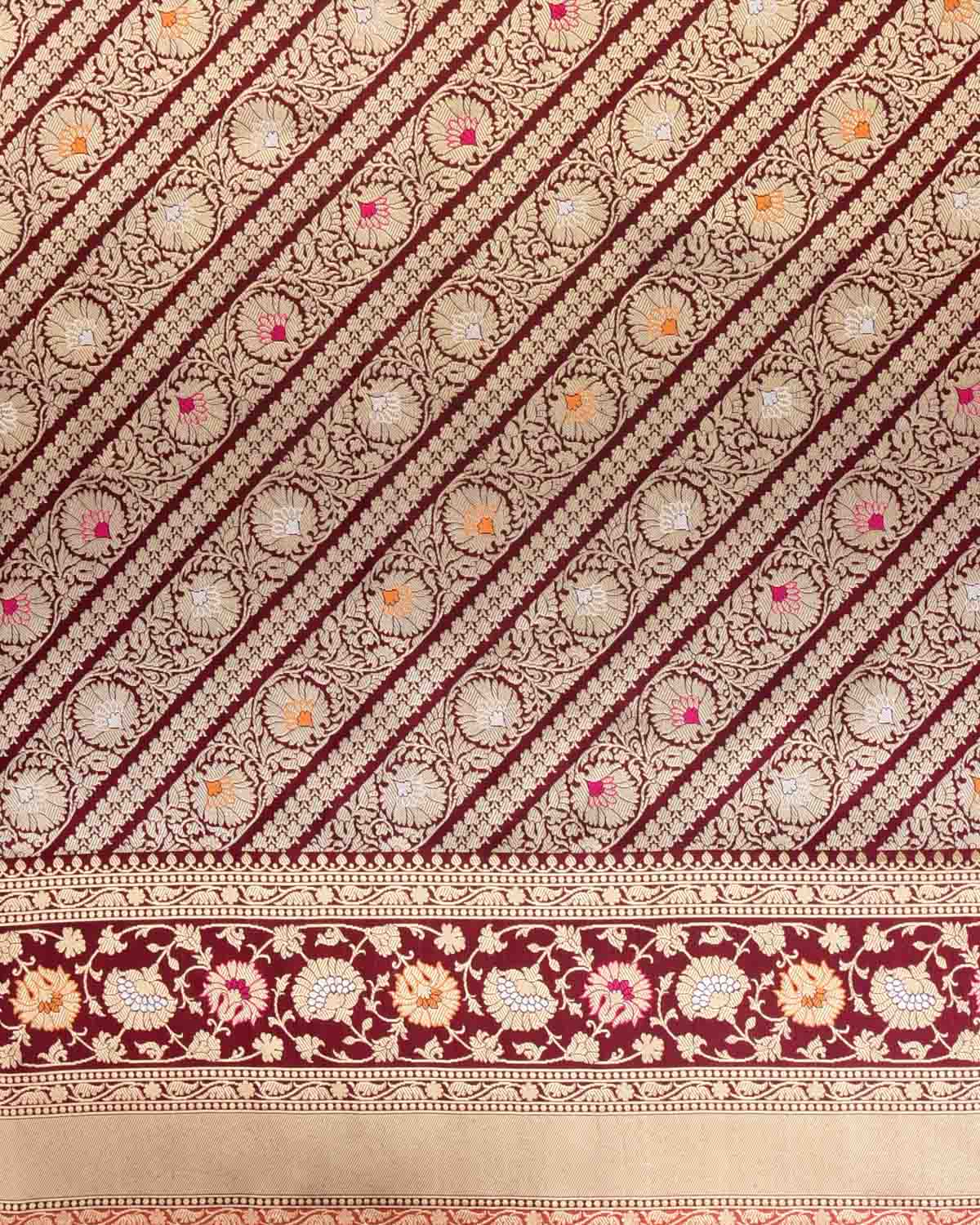 Maroon Gold Zari & Meenekari Diagonal Ornament Stripes Kadhuan Brocade Handwoven Katan Silk Banarasi Saree-HolyWeaves