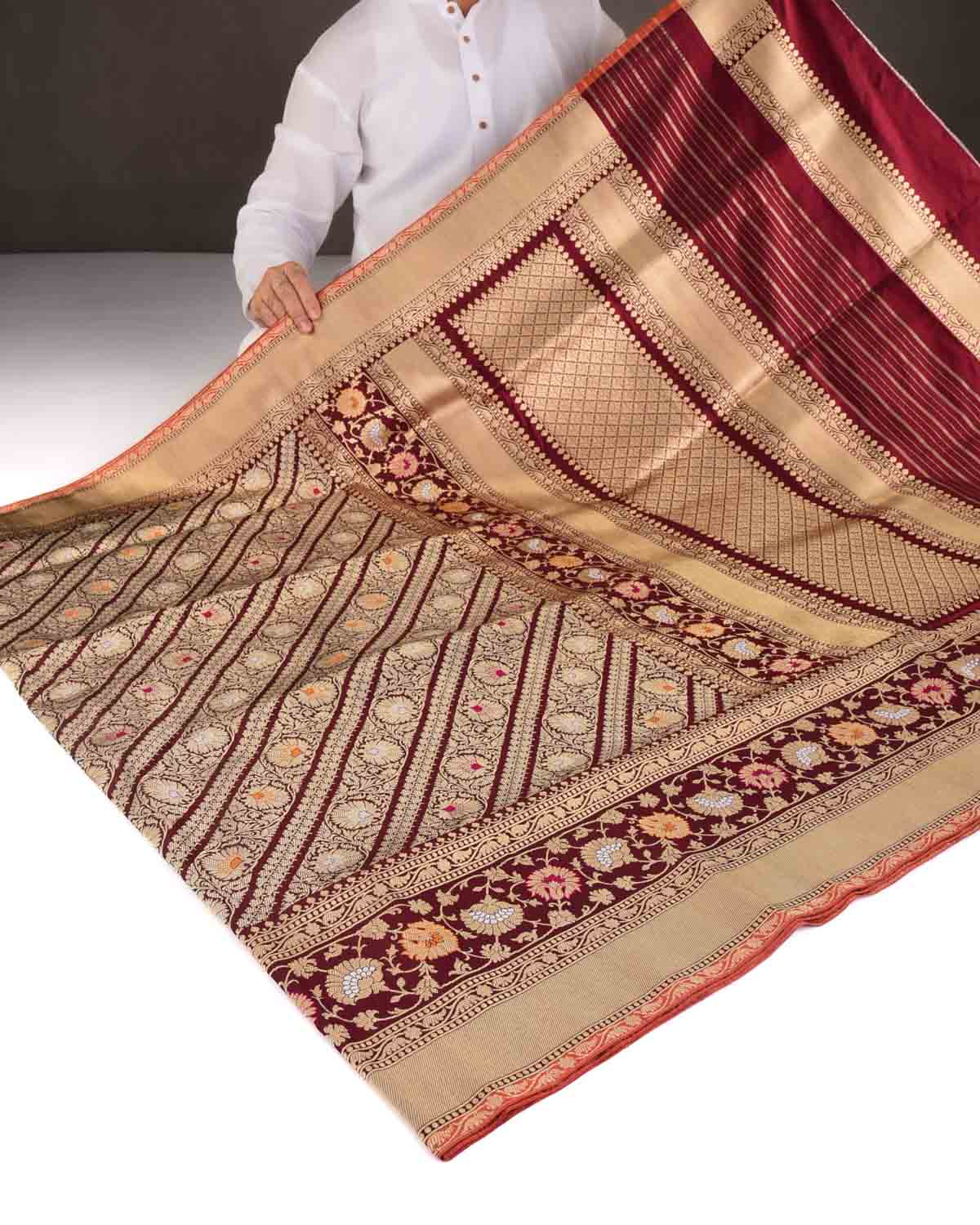 Maroon Gold Zari & Meenekari Diagonal Ornament Stripes Kadhuan Brocade Handwoven Katan Silk Banarasi Saree-HolyWeaves