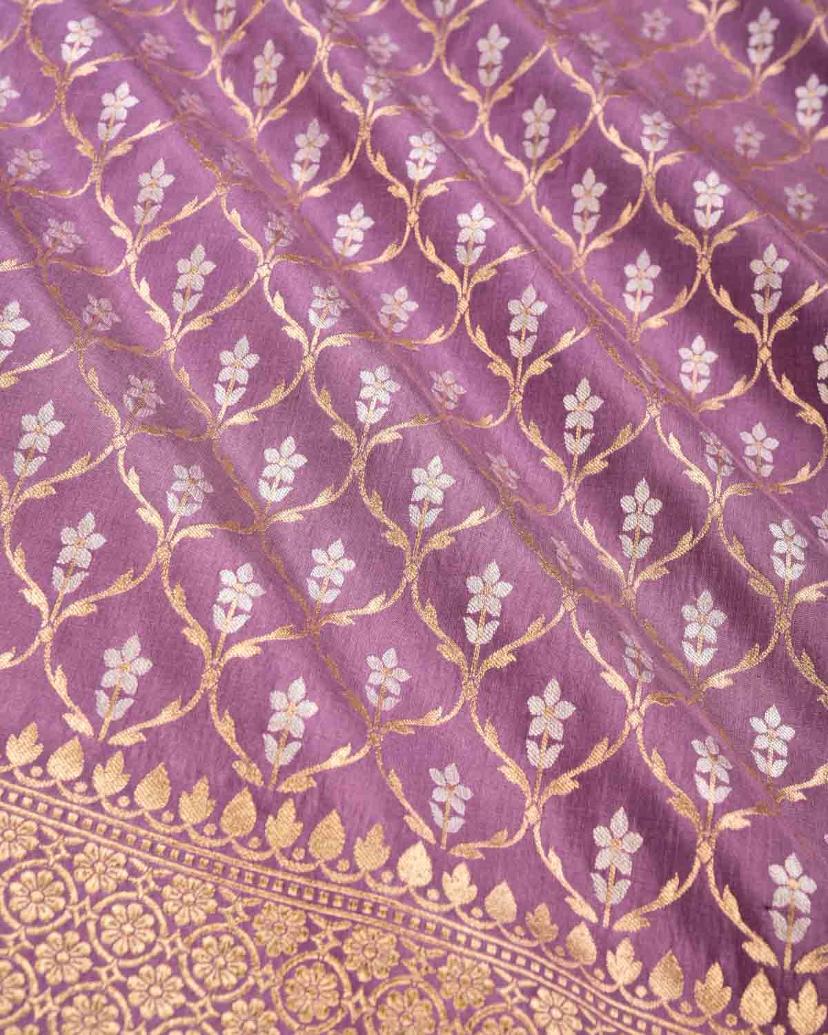 Mauve Banarasi Gold & Silver Zari Alfi Jangla Cutwork Brocade Handwoven Katan Silk Saree-HolyWeaves