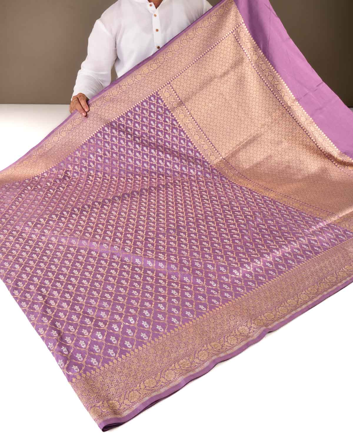 Mauve Banarasi Gold & Silver Zari Alfi Jangla Cutwork Brocade Handwoven Katan Silk Saree-HolyWeaves