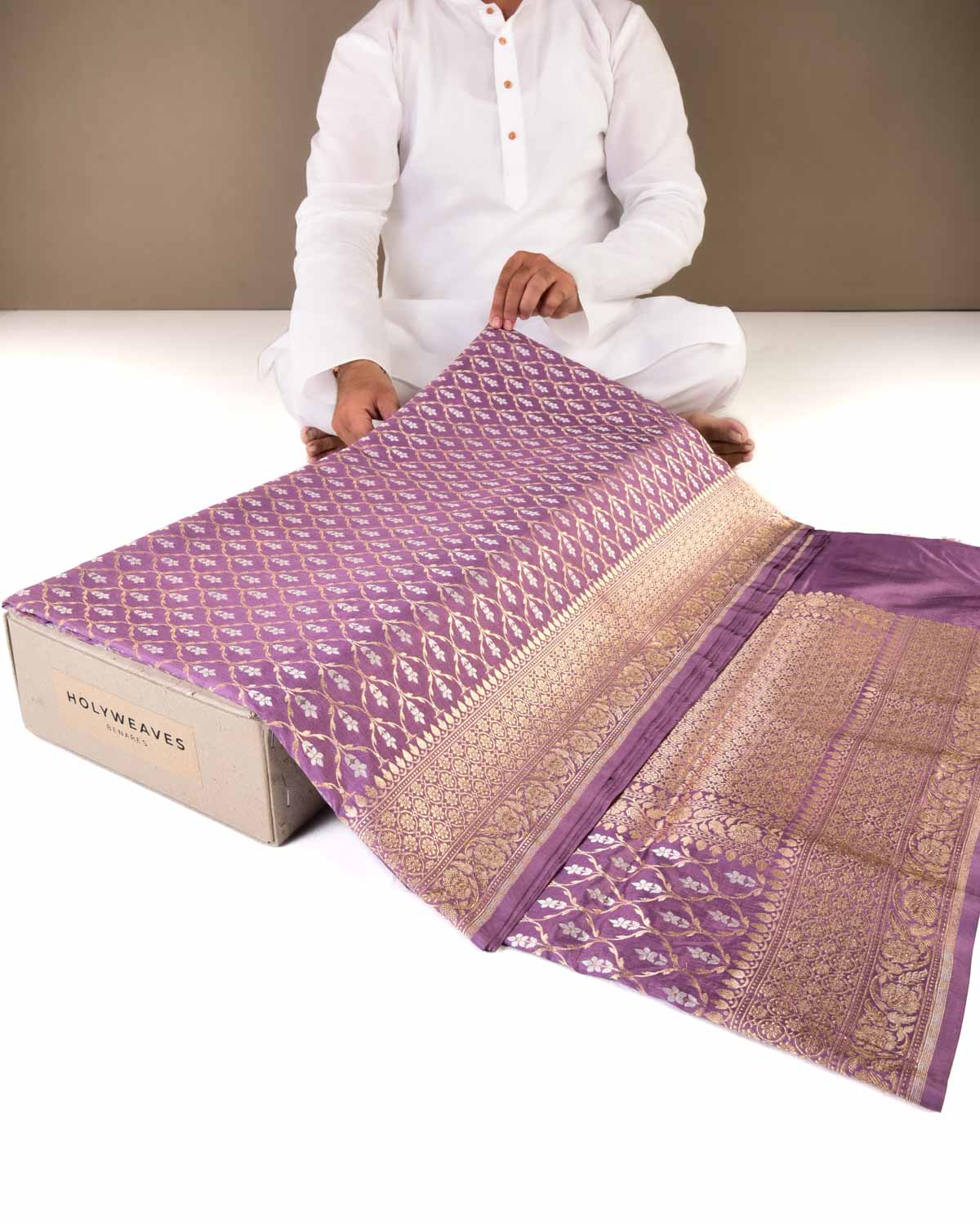 Mauve Banarasi Gold & Silver Zari Alfi Jangla Cutwork Brocade Handwoven Katan Silk Saree-HolyWeaves