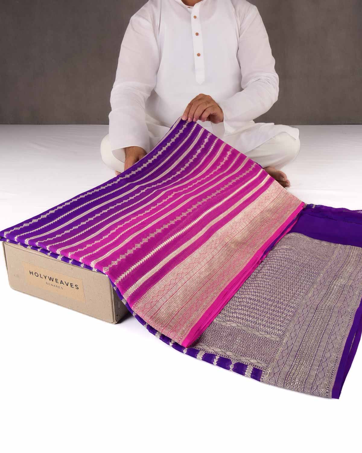 Ombre Pink-Purple Banarasi Horizontal Zari Stripes Cutwork Brocade Handwoven Khaddi Georgette Saree-HolyWeaves