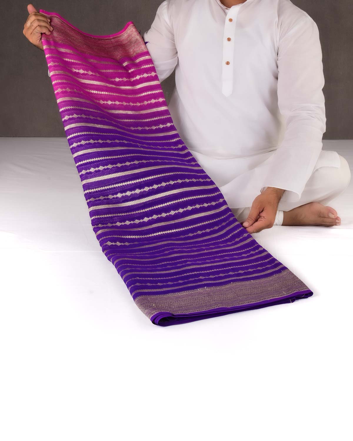 Ombre Pink-Purple Banarasi Horizontal Zari Stripes Cutwork Brocade Handwoven Khaddi Georgette Saree-HolyWeaves