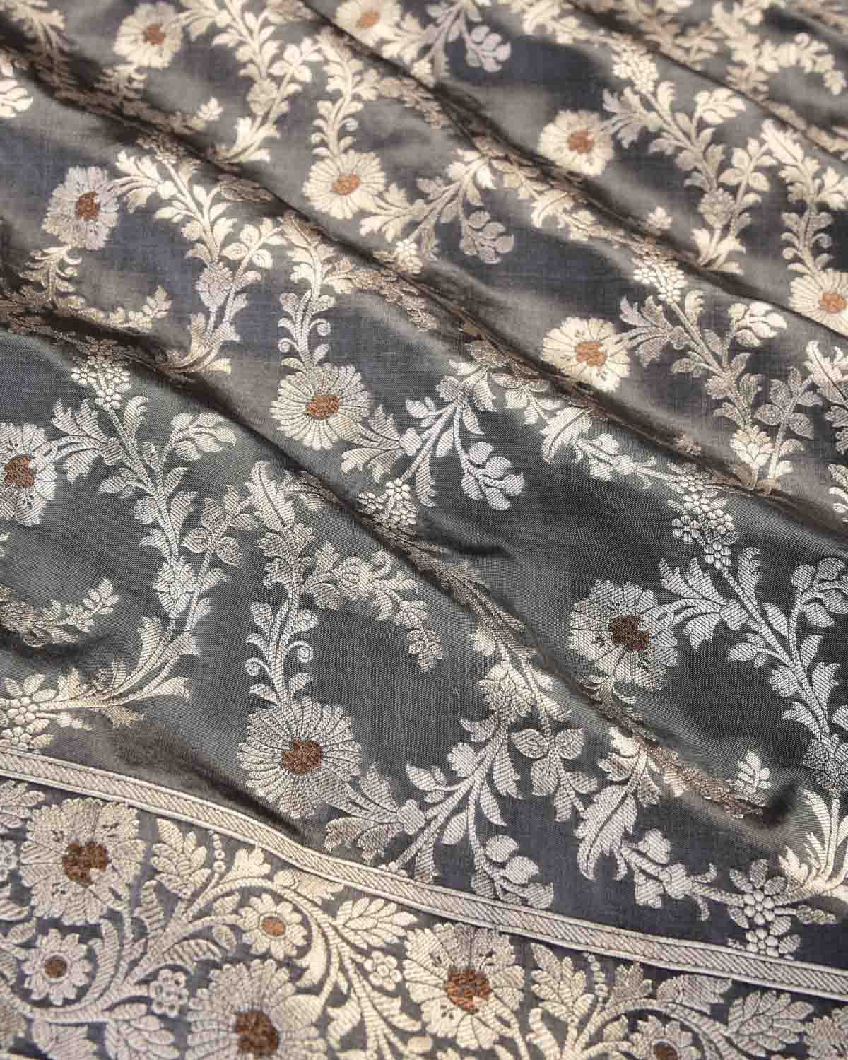 Gray Banarasi Antique & Silver Zari Floral Jaal Cutwork Brocade Handwoven Katan Silk Saree-HolyWeaves