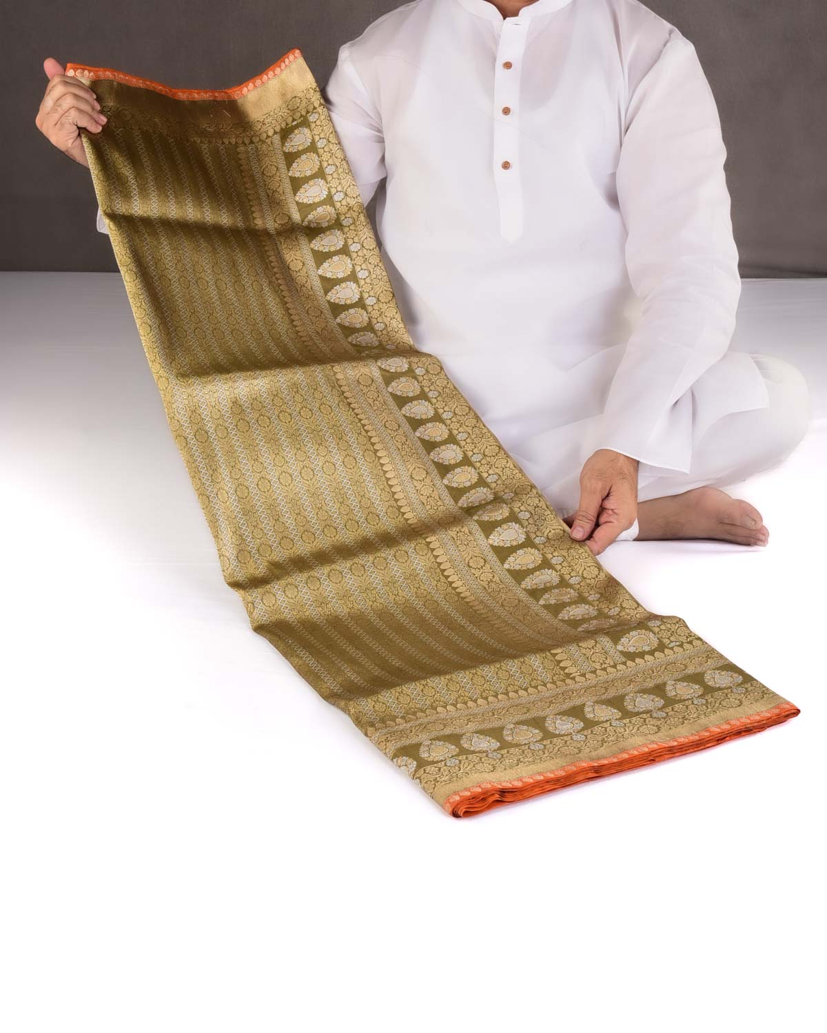 Earthy Olive Green Gold & Silver Zari Ghani Brocade Handwoven Katan Silk Banarasi Saree with Orange Selvedge-HolyWeaves