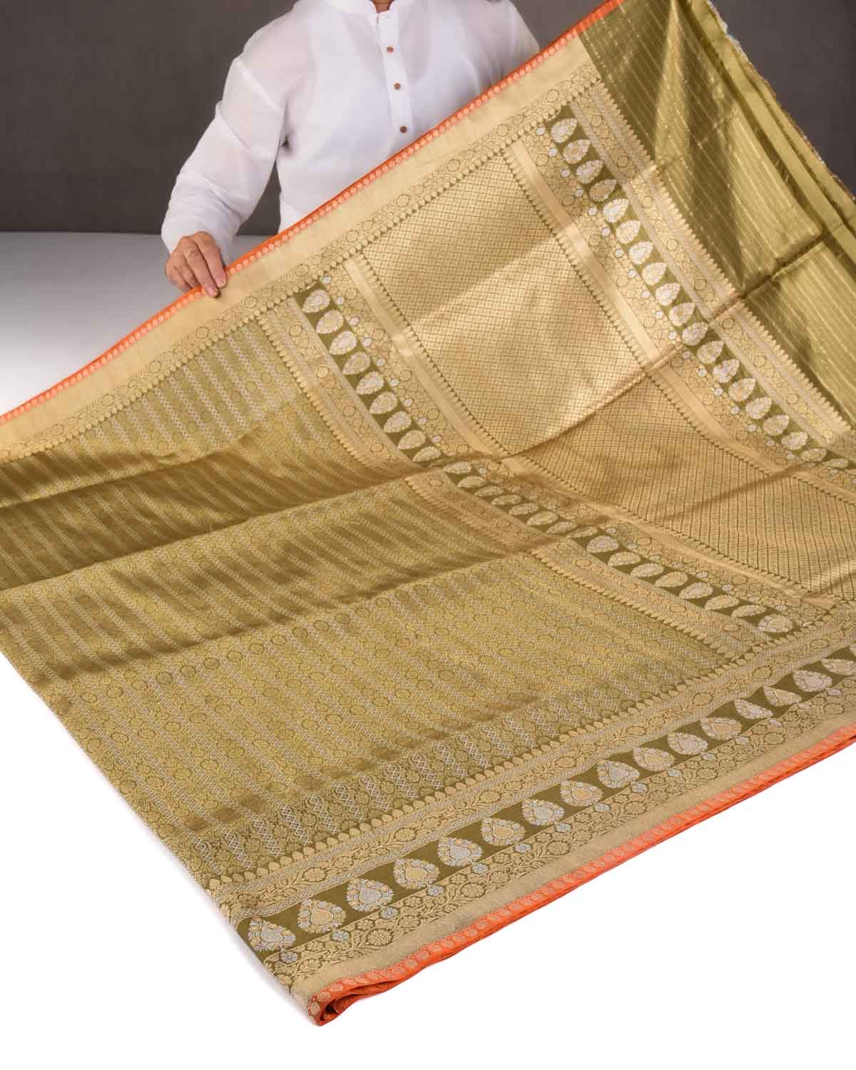 Earthy Olive Green Gold & Silver Zari Ghani Brocade Handwoven Katan Silk Banarasi Saree with Orange Selvedge-HolyWeaves