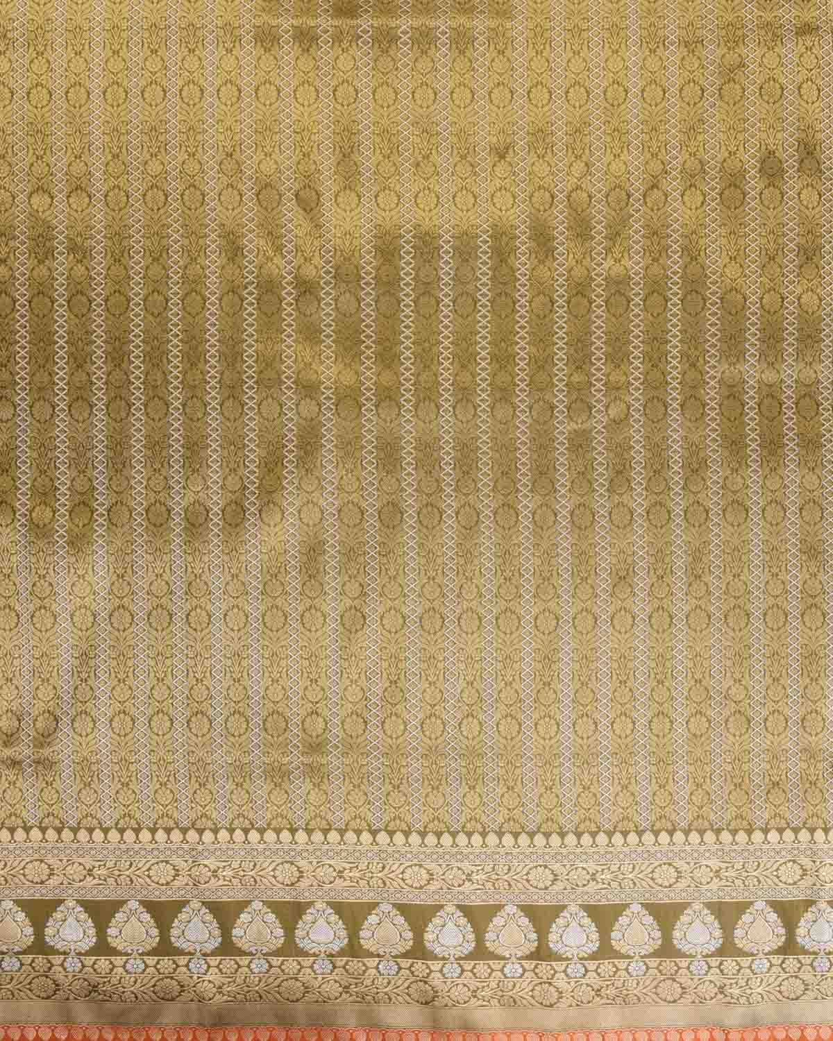 Earthy Olive Green Gold & Silver Zari Ghani Brocade Handwoven Katan Silk Banarasi Saree with Orange Selvedge-HolyWeaves