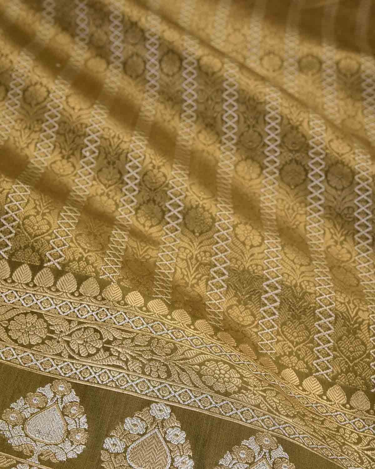 Earthy Olive Green Gold & Silver Zari Ghani Brocade Handwoven Katan Silk Banarasi Saree with Orange Selvedge-HolyWeaves