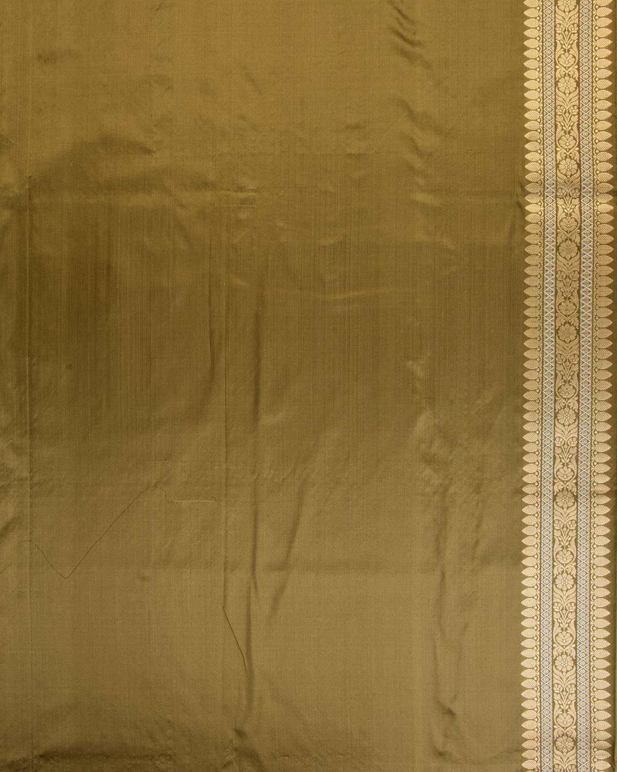 Earthy Olive Green Gold & Silver Zari Ghani Brocade Handwoven Katan Silk Banarasi Saree with Orange Selvedge-HolyWeaves