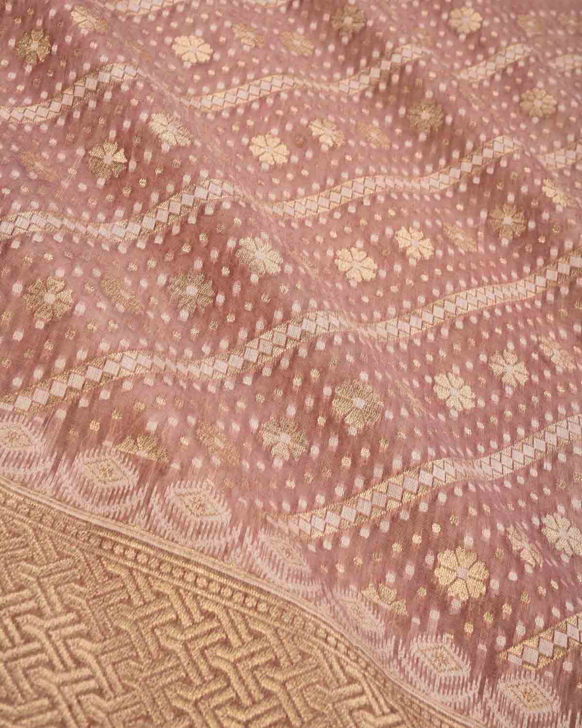 Mauve Banarasi Gold Zari & White Resham Alfi Diagonal Buti Cutwork Brocade Handwoven Cotton Silk Saree - By HolyWeaves, Benares