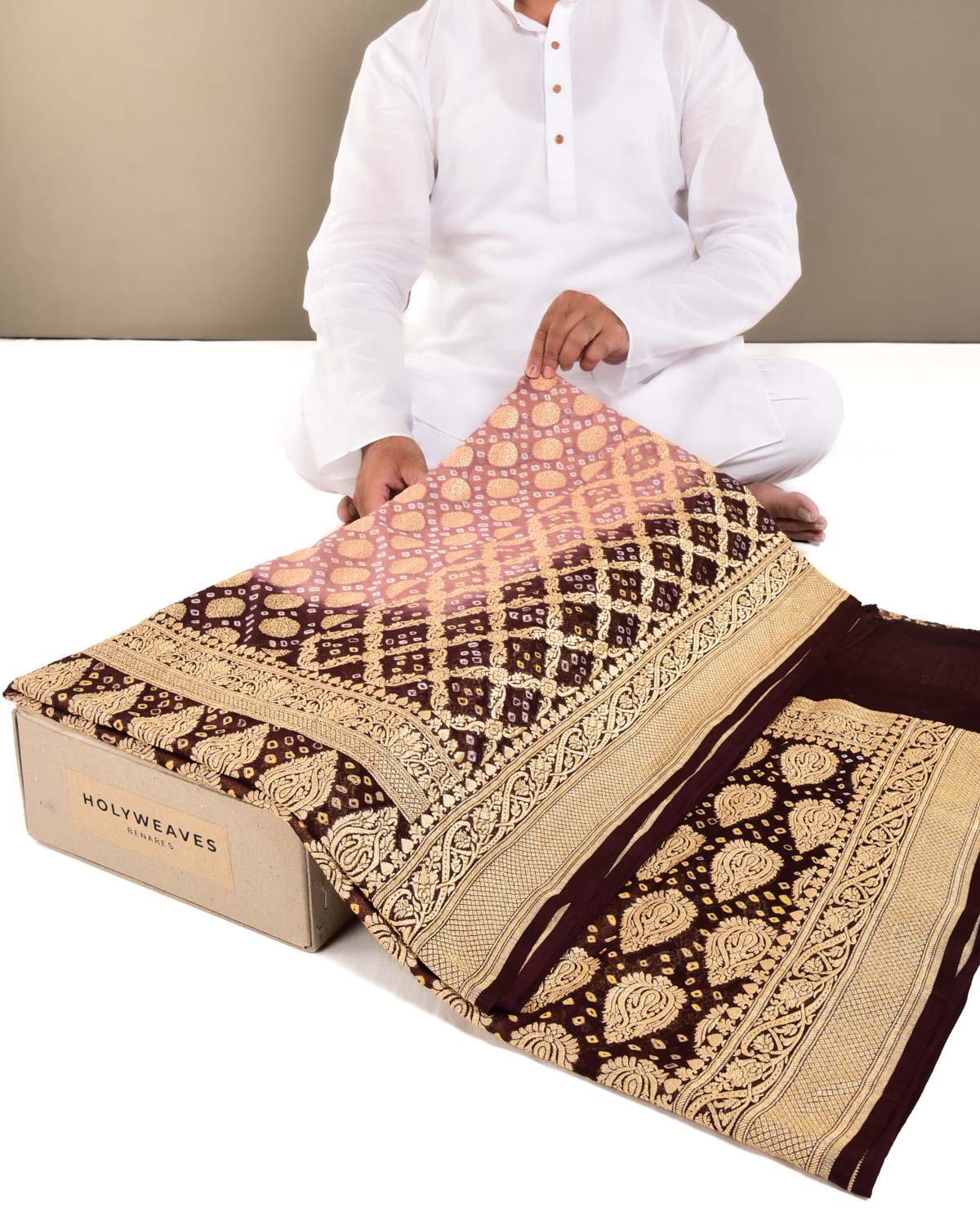 Ombré Brown Banarasi Cutwork Brocade Handwoven Khaddi Georgette Saree with White & Yellow Bandhej - By HolyWeaves, Benares