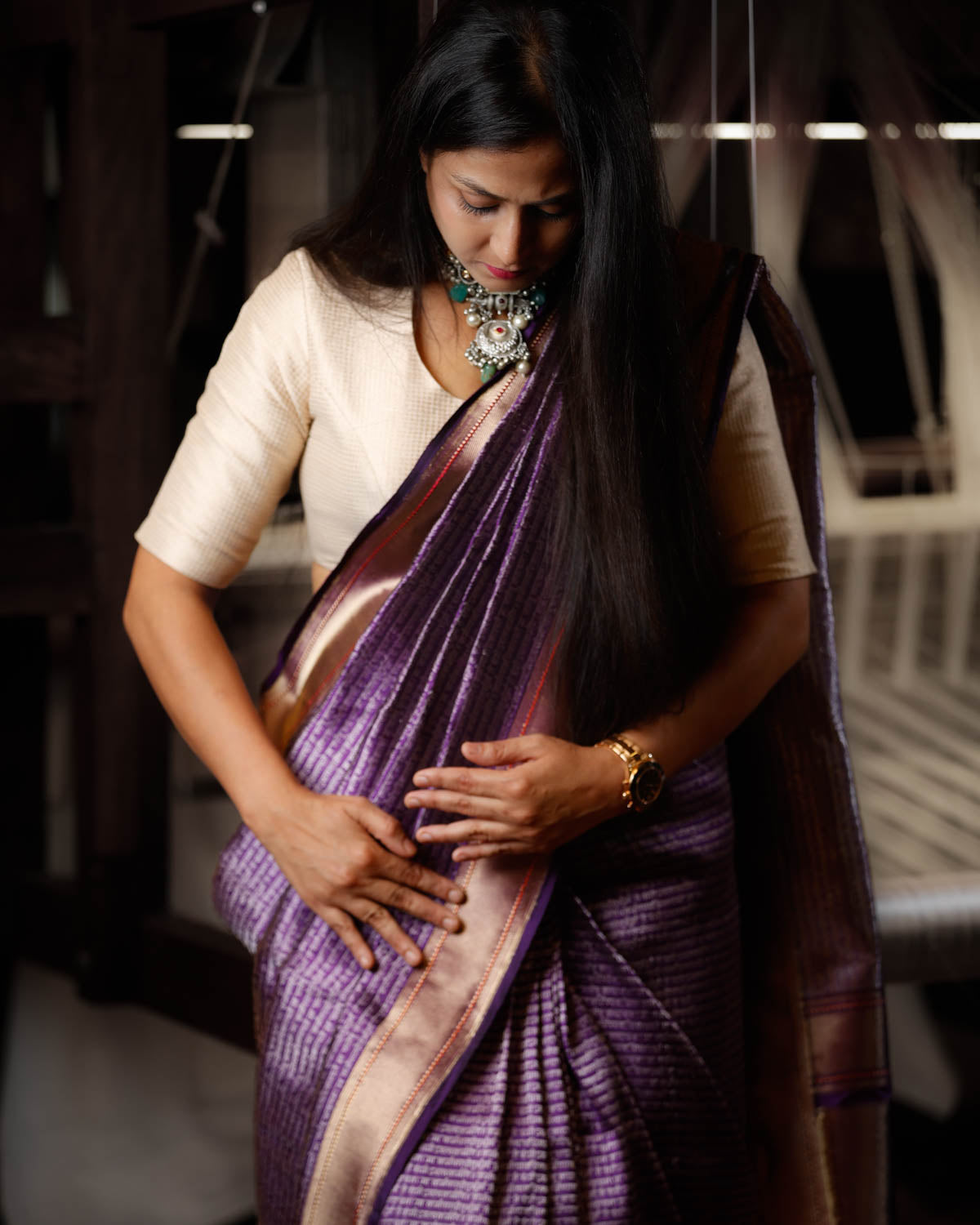 Purple Tissue linen Saree With Golden Zari Border– Swapna Creation