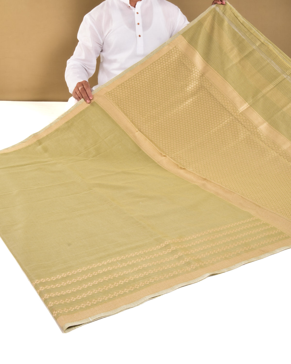 Olive Green Banarasi Gold Zari Cutwork Brocade Handwoven Cotton Silk Saree with Horizontal Grid - By HolyWeaves, Benares