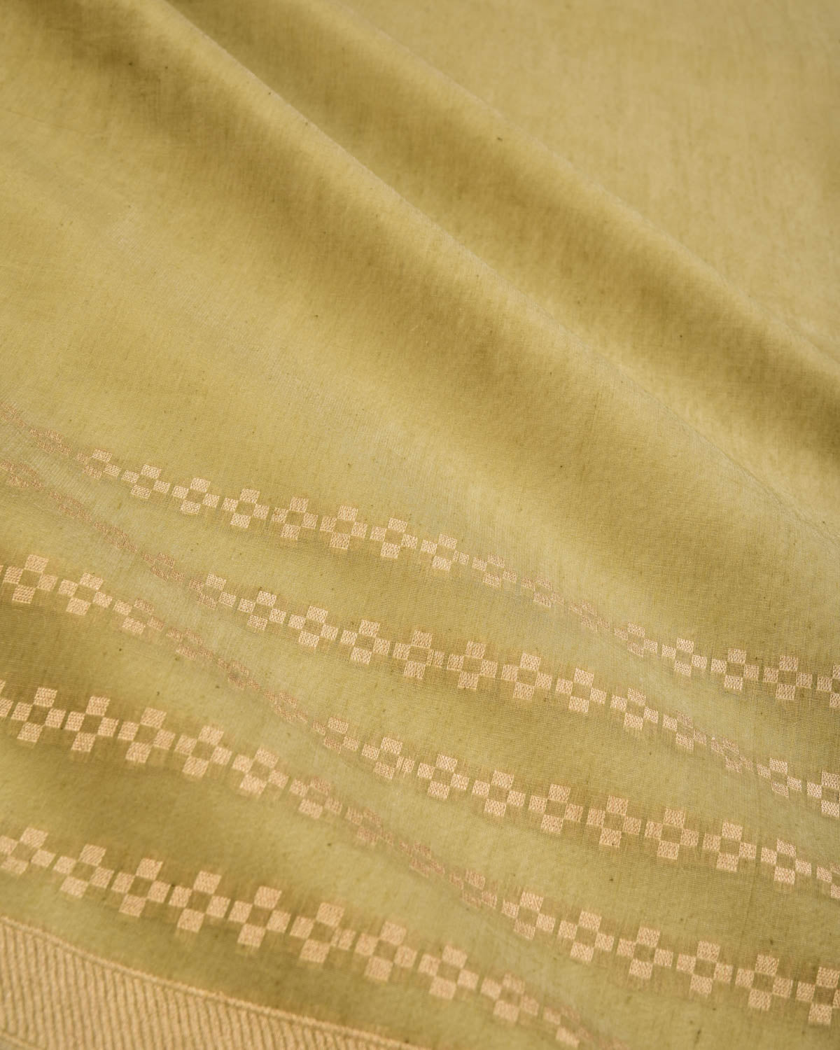 Olive Green Banarasi Gold Zari Cutwork Brocade Handwoven Cotton Silk Saree with Horizontal Grid - By HolyWeaves, Benares