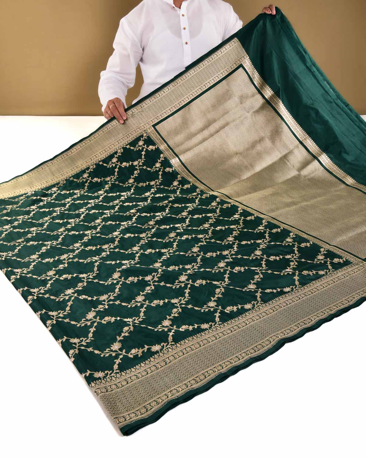 Green Banarasi Gold Zari with Silver Meena Cutwork Brocade Handwoven Katan Silk Saree - By HolyWeaves, Benares