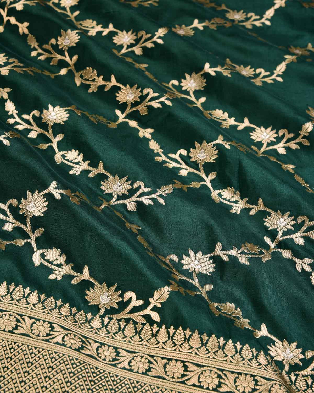 Green Banarasi Gold Zari with Silver Meena Cutwork Brocade Handwoven Katan Silk Saree - By HolyWeaves, Benares