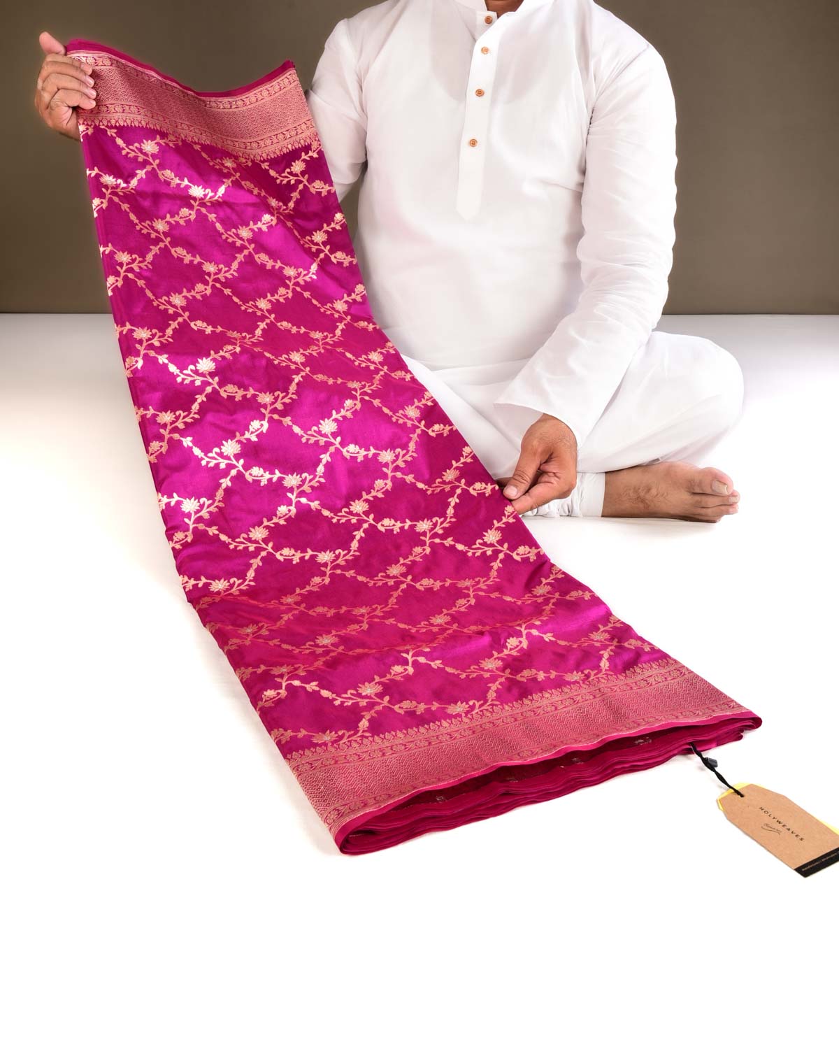 Magenta Banarasi Gold Zari with Silver Meena Cutwork Brocade Handwoven Katan Silk Saree - By HolyWeaves, Benares