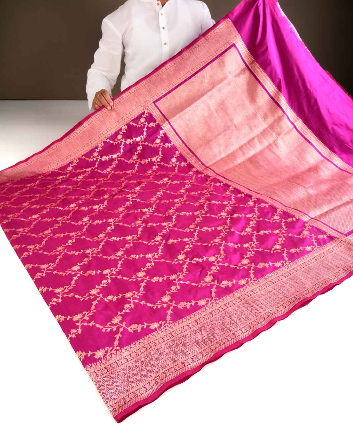 Magenta Banarasi Gold Zari with Silver Meena Cutwork Brocade Handwoven Katan Silk Saree - By HolyWeaves, Benares