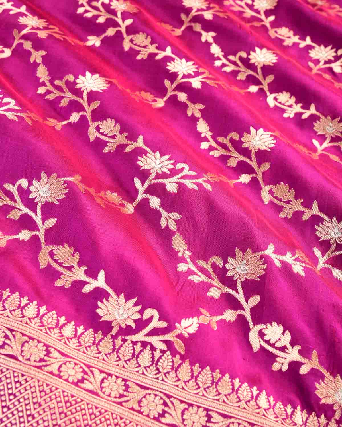 Magenta Banarasi Gold Zari with Silver Meena Cutwork Brocade Handwoven Katan Silk Saree - By HolyWeaves, Benares