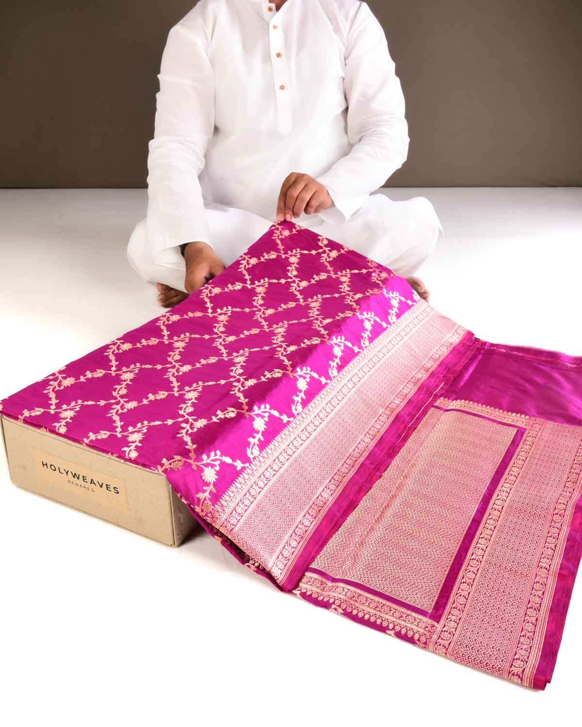 Magenta Banarasi Gold Zari with Silver Meena Cutwork Brocade Handwoven Katan Silk Saree - By HolyWeaves, Benares