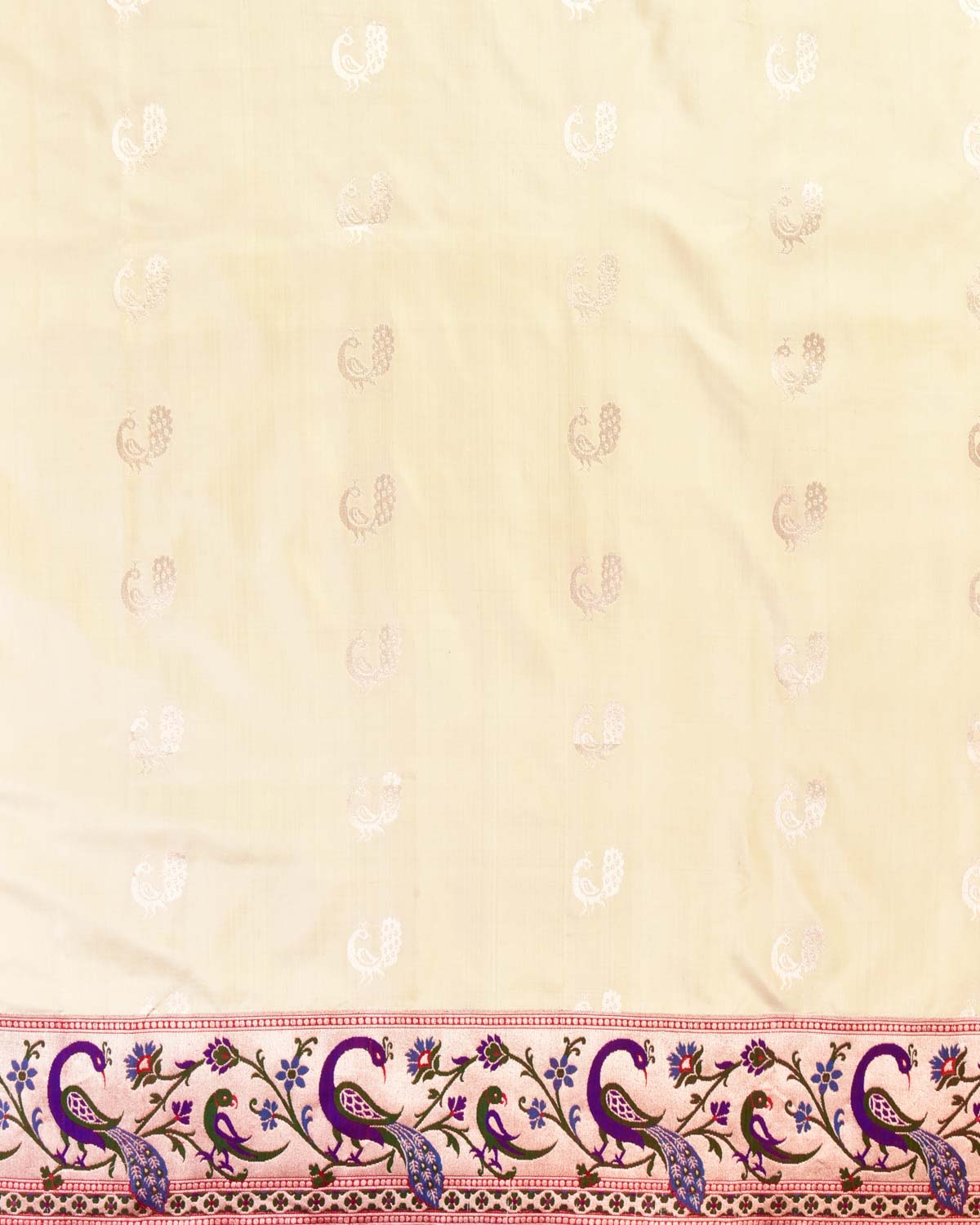 Cream Banarasi Gold Zari Meena Paithani Parrot & Peacock Kadiyal Brocade Handwoven Katan Silk Saree - By HolyWeaves, Benares
