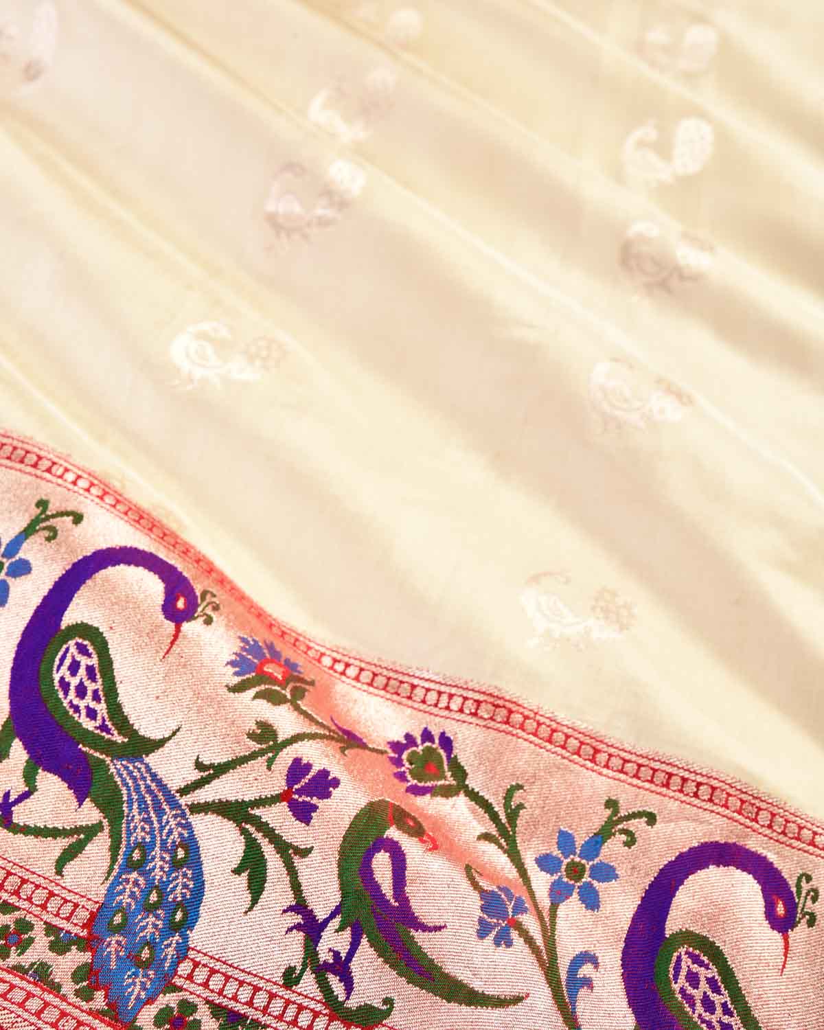 Cream Banarasi Gold Zari Meena Paithani Parrot & Peacock Kadiyal Brocade Handwoven Katan Silk Saree - By HolyWeaves, Benares
