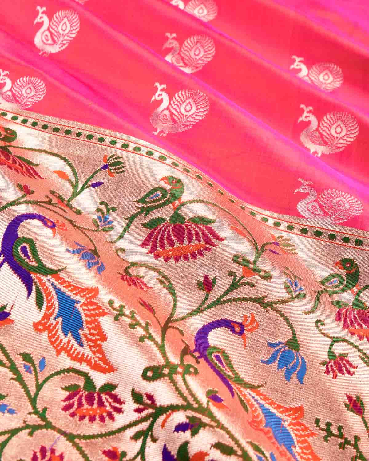 Peach Banarasi Gold Zari Meena Parrot & Peacock Lotus Jaal Paithani Cutwork Brocade Handwoven Katan Silk Saree - By HolyWeaves, Benares