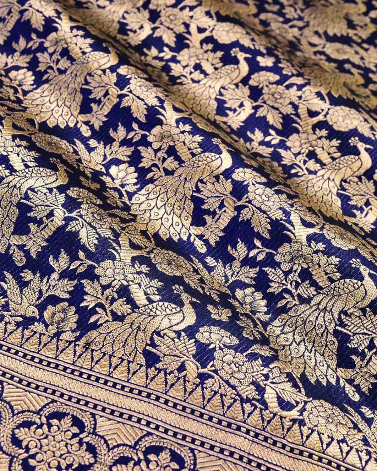 Navy Blue Banarasi Gold Zari Peacock Shikargah Brocade Handwoven Katan Silk Saree - By HolyWeaves, Benares