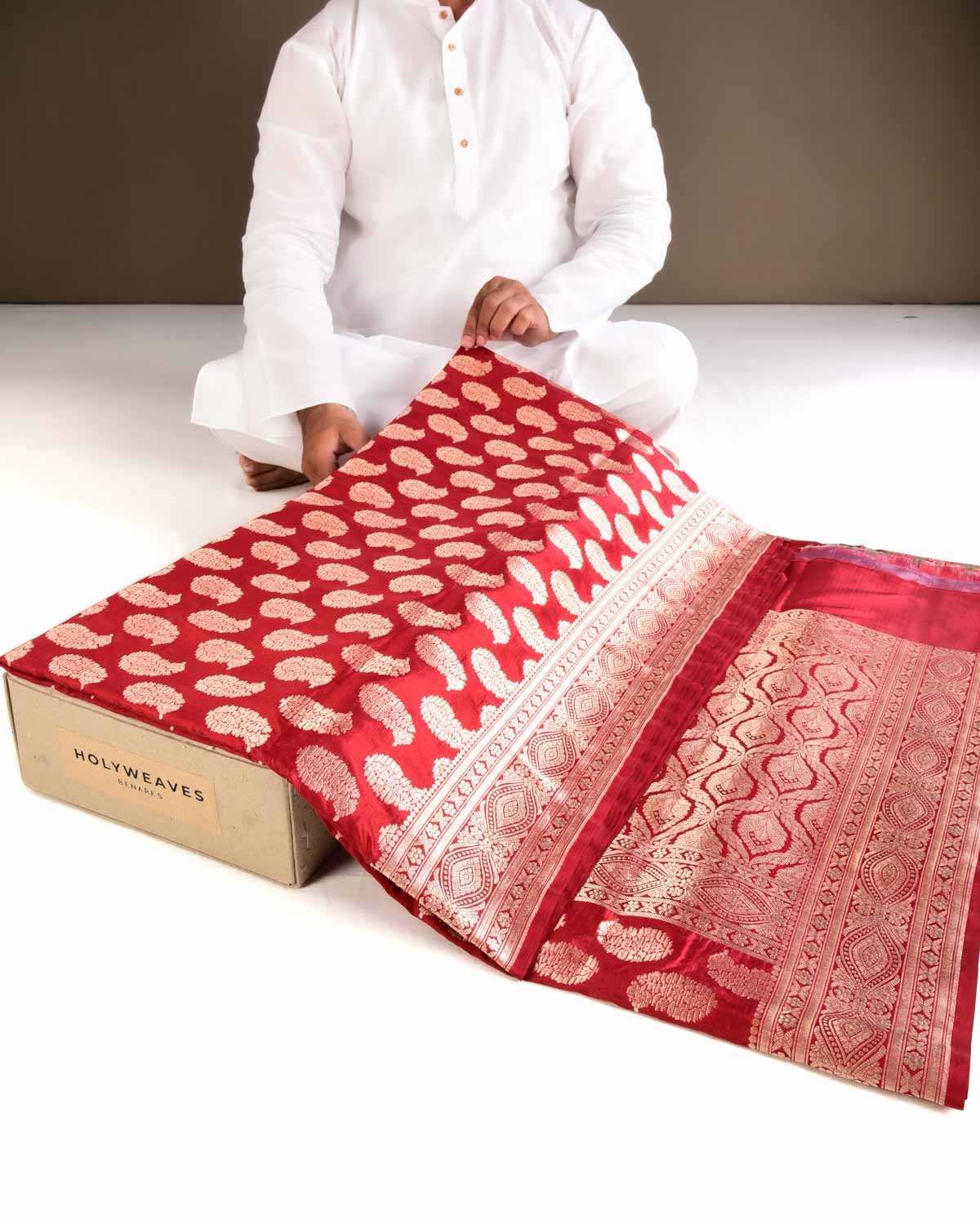 Red Banarasi Gold Zari Paisley Buta Cutwork Brocade Handwoven Katan Silk Saree - By HolyWeaves, Benares