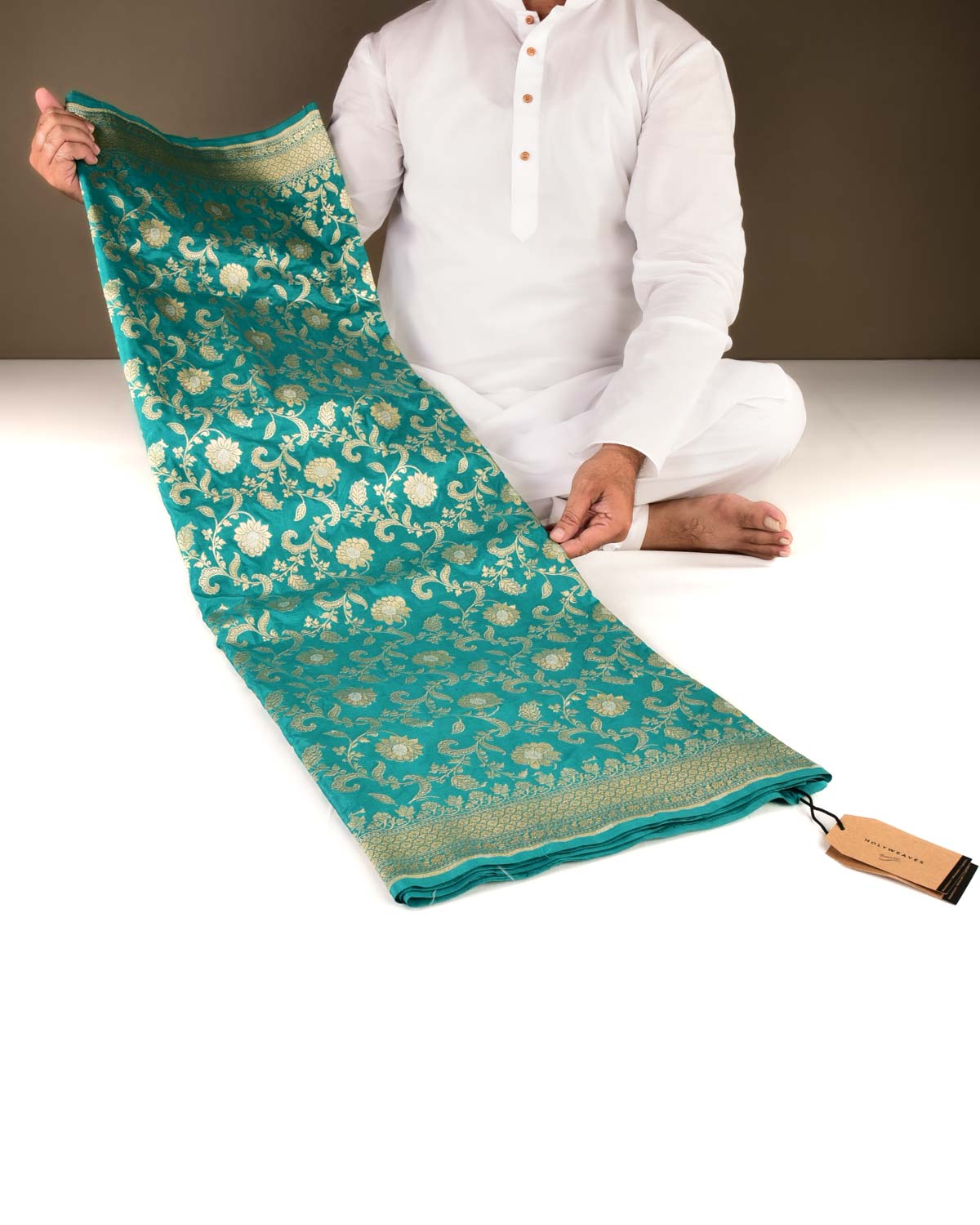 Turquoise Blue Banarasi Gold Zari Floral Jaal with Silver Meena Cutwork Brocade Handwoven Katan Silk Saree-HolyWeaves