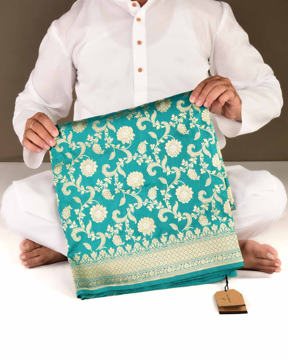 Turquoise Blue Banarasi Gold Zari Floral Jaal with Silver Meena Cutwork Brocade Handwoven Katan Silk Saree-HolyWeaves