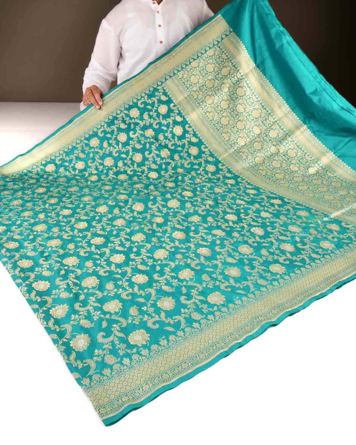 Turquoise Blue Banarasi Gold Zari Floral Jaal with Silver Meena Cutwork Brocade Handwoven Katan Silk Saree-HolyWeaves