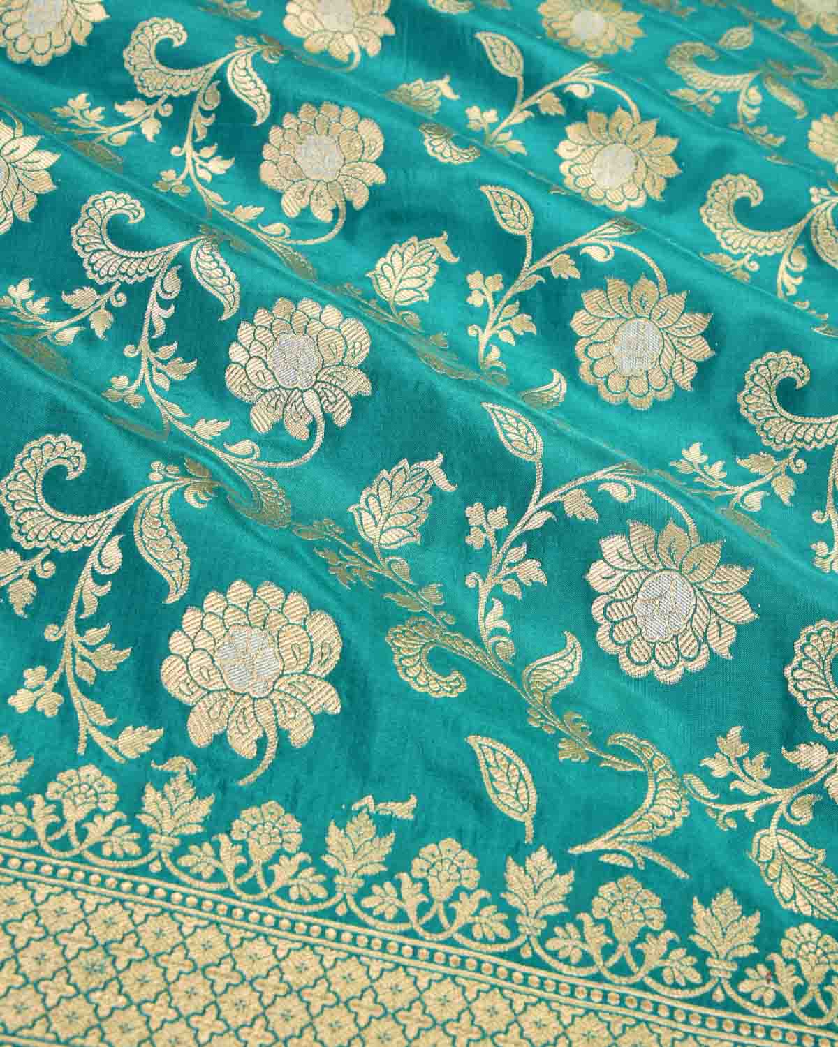 Turquoise Blue Banarasi Gold Zari Floral Jaal with Silver Meena Cutwork Brocade Handwoven Katan Silk Saree-HolyWeaves