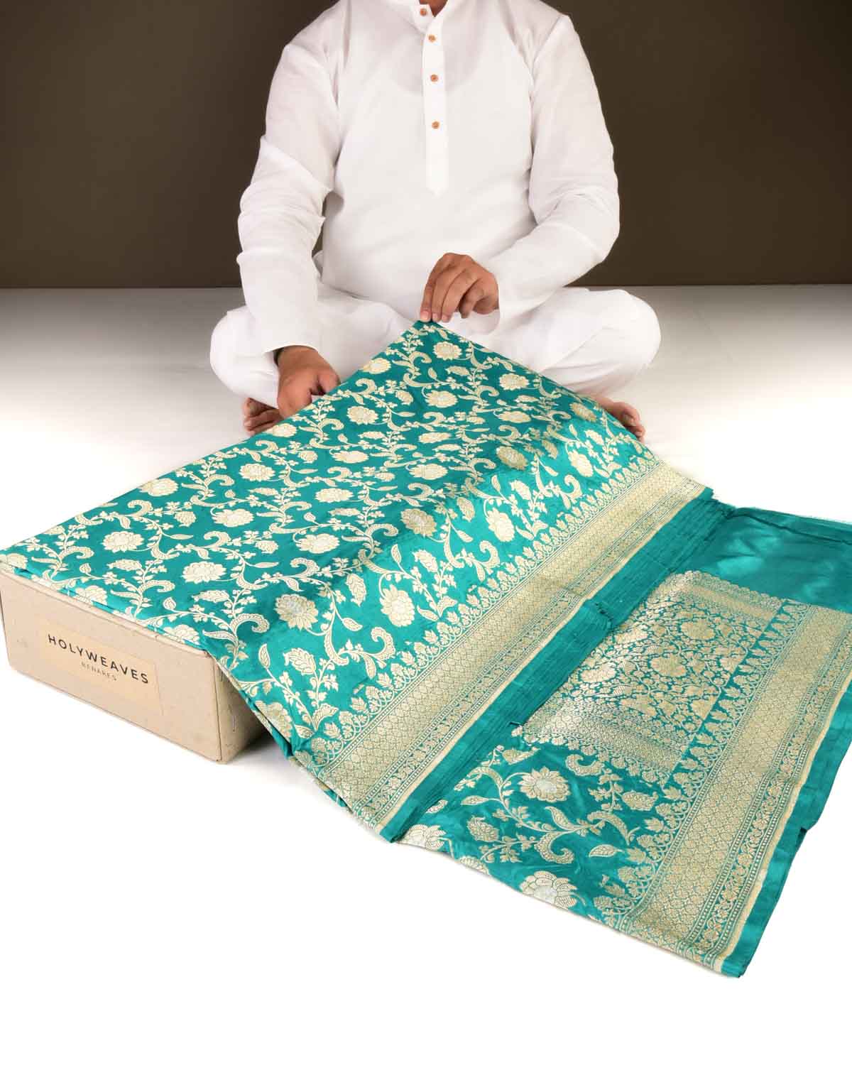 Turquoise Blue Banarasi Gold Zari Floral Jaal with Silver Meena Cutwork Brocade Handwoven Katan Silk Saree-HolyWeaves