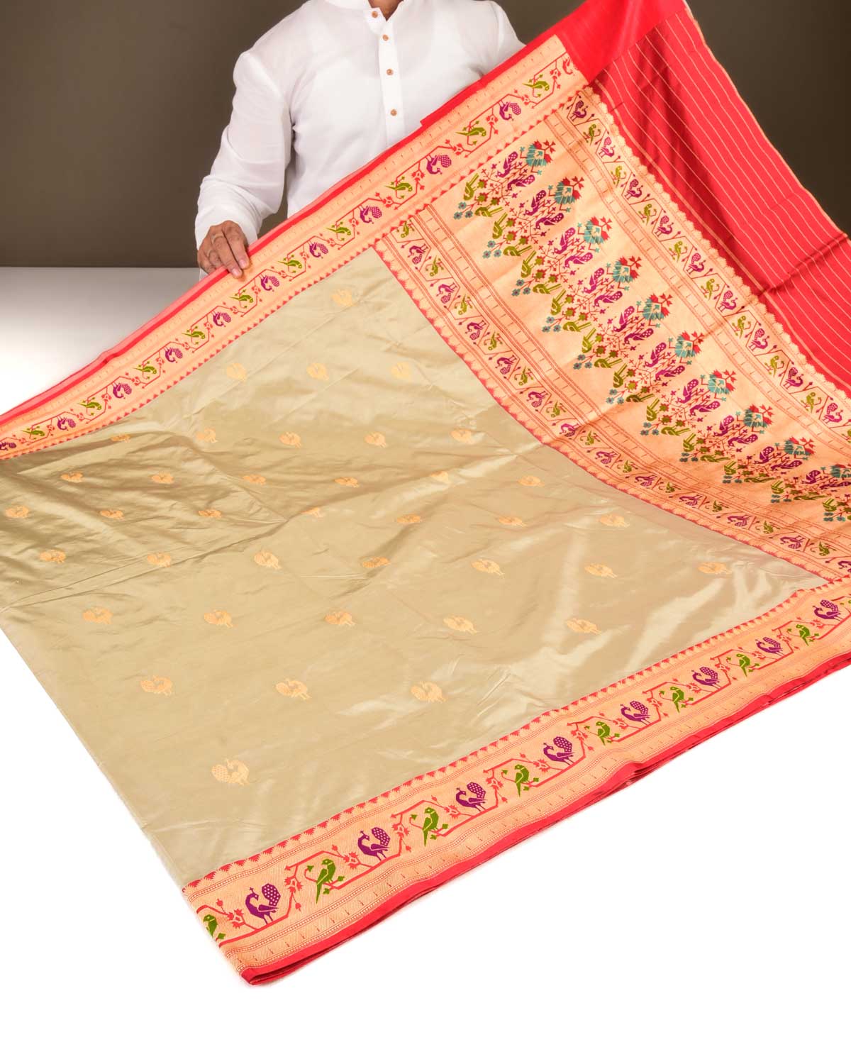 Gray Banarasi Peacock & Parrot Paithani Anchal Border Kadhuan Brocade Handwoven Katan Silk Saree-HolyWeaves