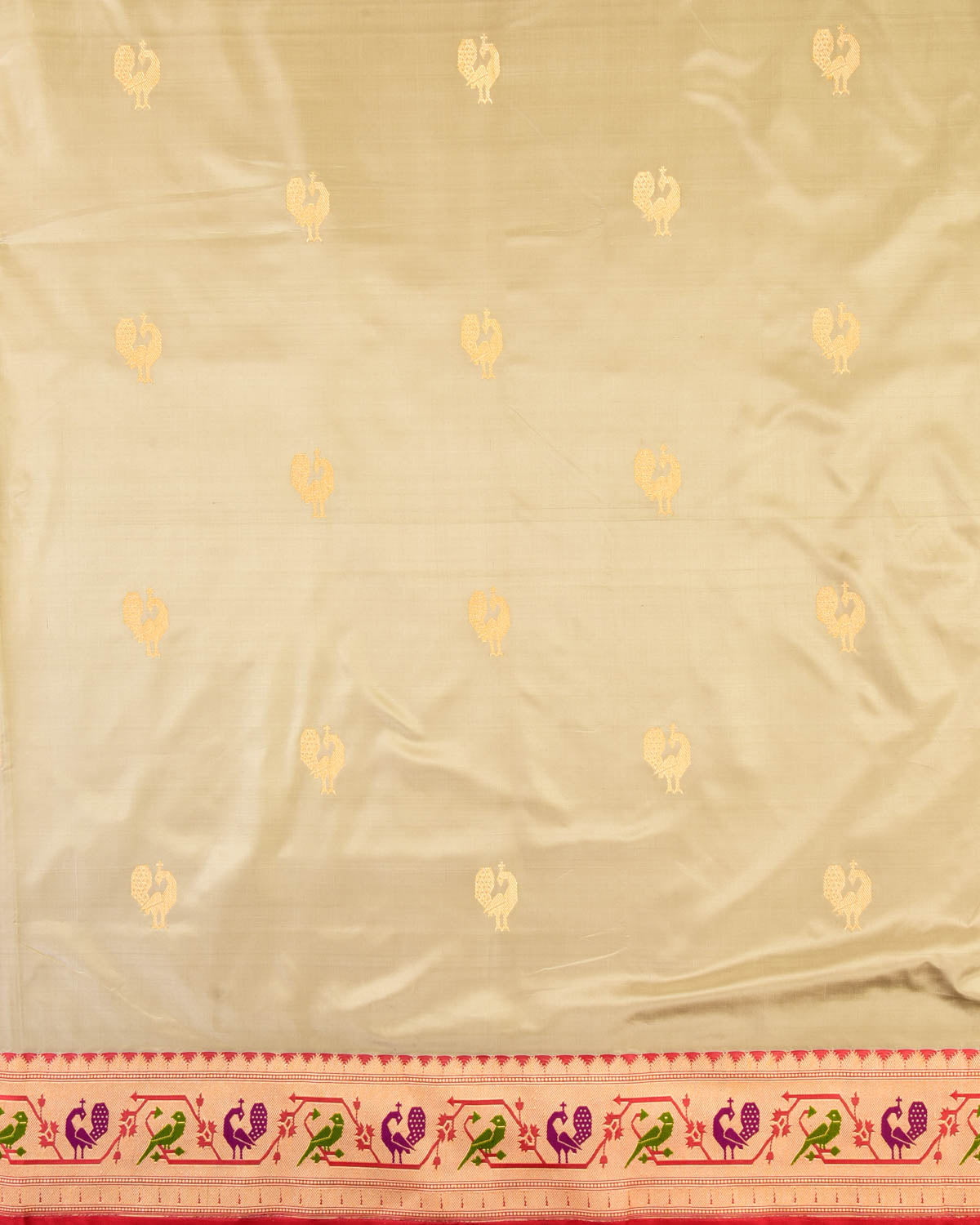 Gray Banarasi Peacock & Parrot Paithani Anchal Border Kadhuan Brocade Handwoven Katan Silk Saree-HolyWeaves