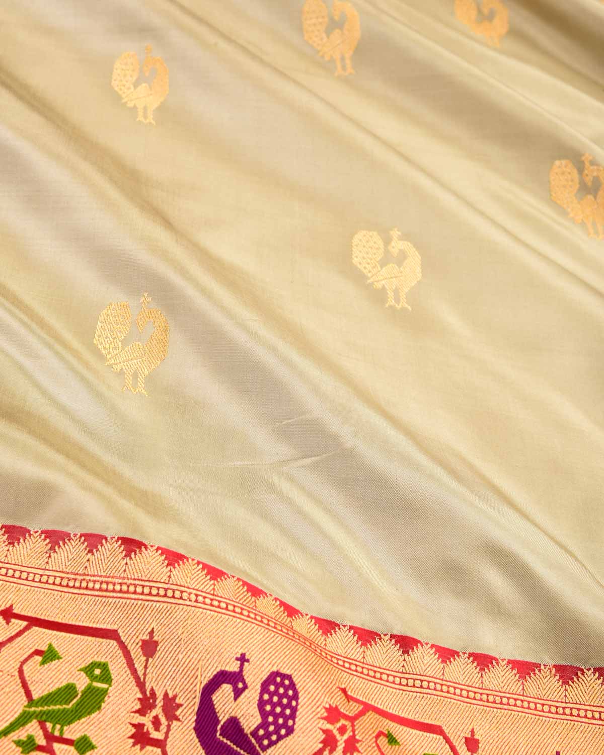 Gray Banarasi Peacock & Parrot Paithani Anchal Border Kadhuan Brocade Handwoven Katan Silk Saree-HolyWeaves