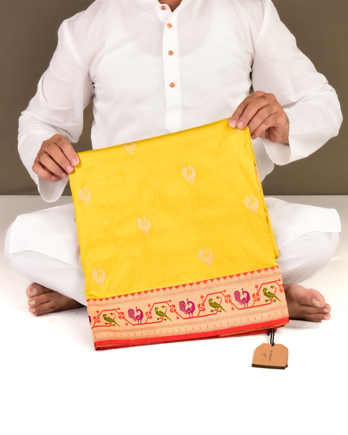 Yellow Banarasi Peacock & Parrot Paithani Anchal Border Kadhuan Brocade Handwoven Katan Silk Saree-HolyWeaves