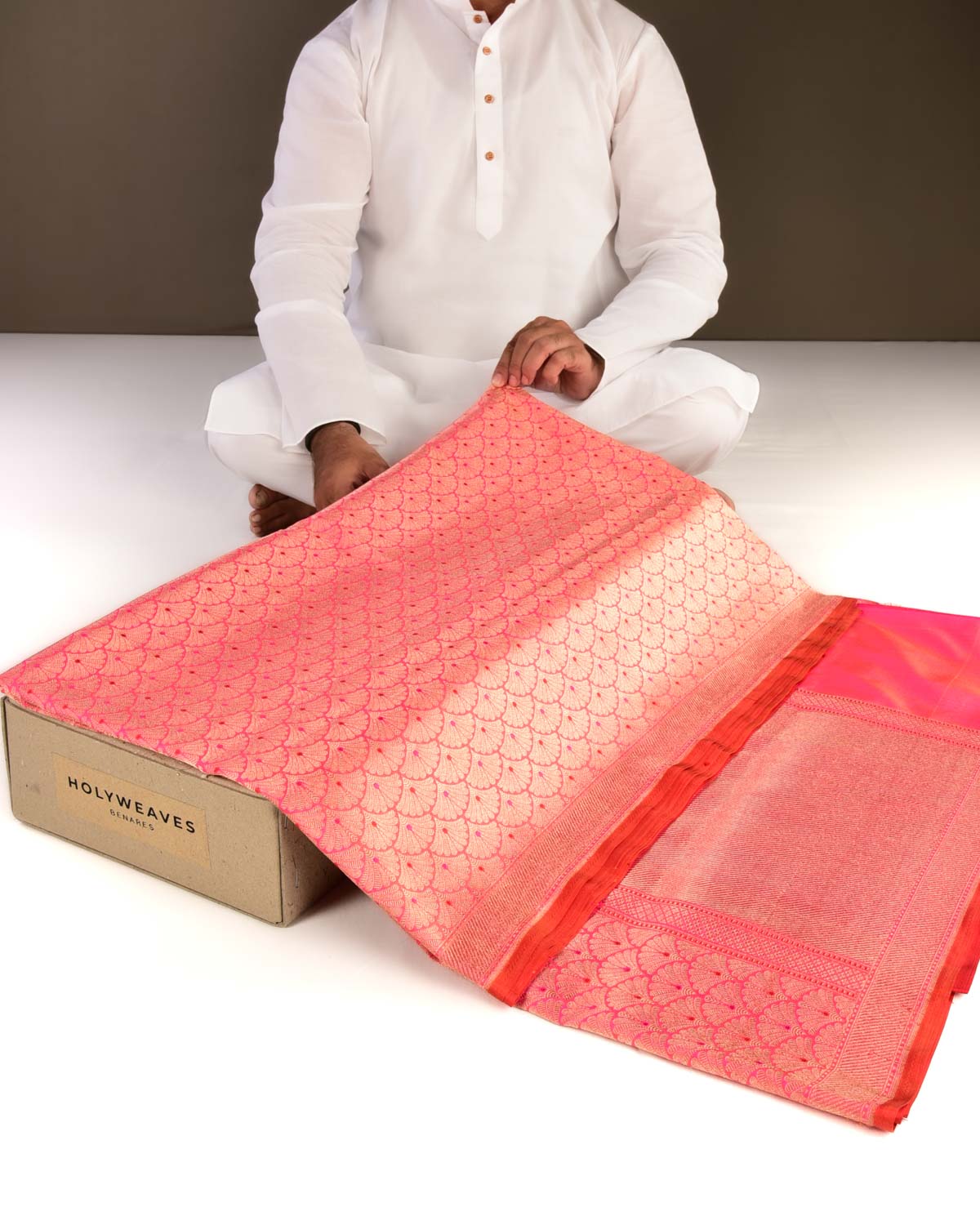 Pink Banarasi Gold Zari Brocade Resham Meena Handwoven Katan Silk Saree with Red Contrast Blouse-HolyWeaves