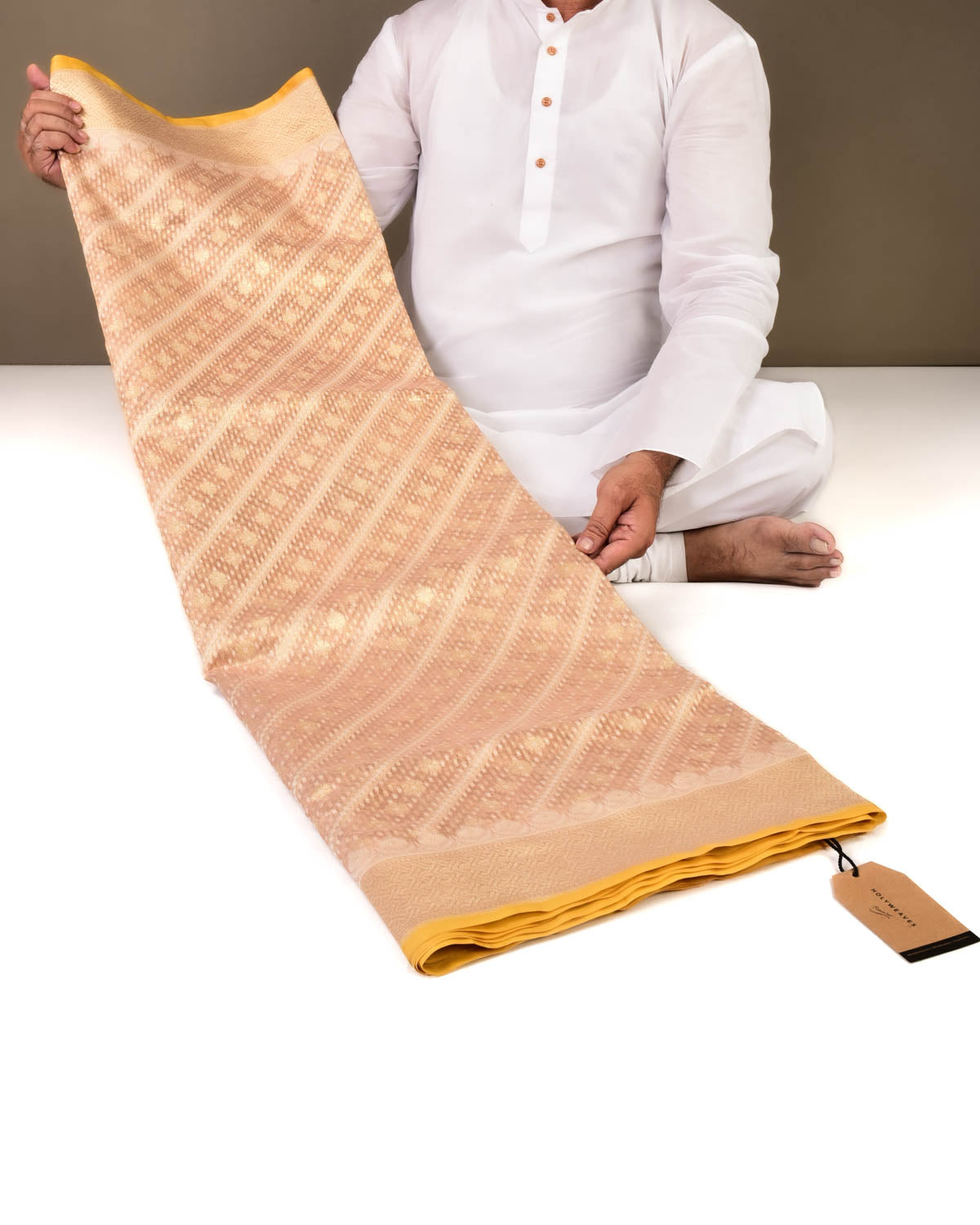 Metallic Beige Banarasi Diagonal Aada Ghani Buti Rasham Zari Alfi Cutwork Brocade Handwoven Kora Tissue Saree-HolyWeaves