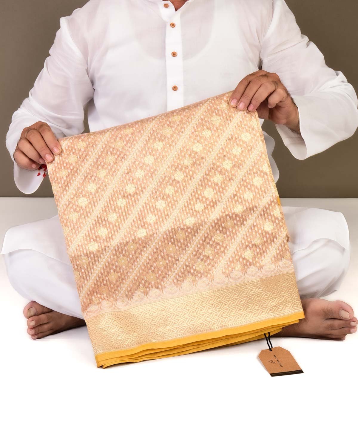 Metallic Beige Banarasi Diagonal Aada Ghani Buti Rasham Zari Alfi Cutwork Brocade Handwoven Kora Tissue Saree-HolyWeaves