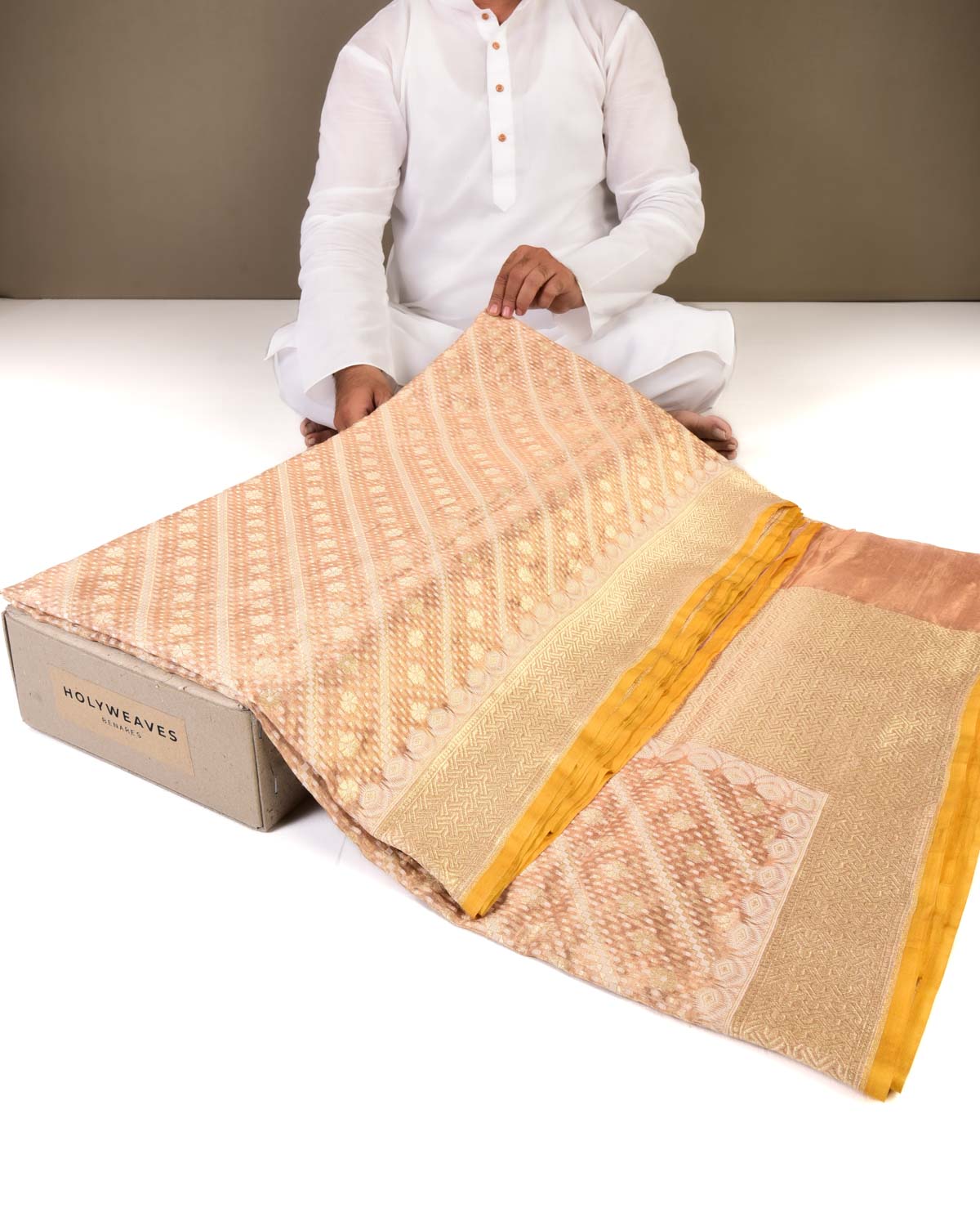 Metallic Beige Banarasi Diagonal Aada Ghani Buti Rasham Zari Alfi Cutwork Brocade Handwoven Kora Tissue Saree-HolyWeaves