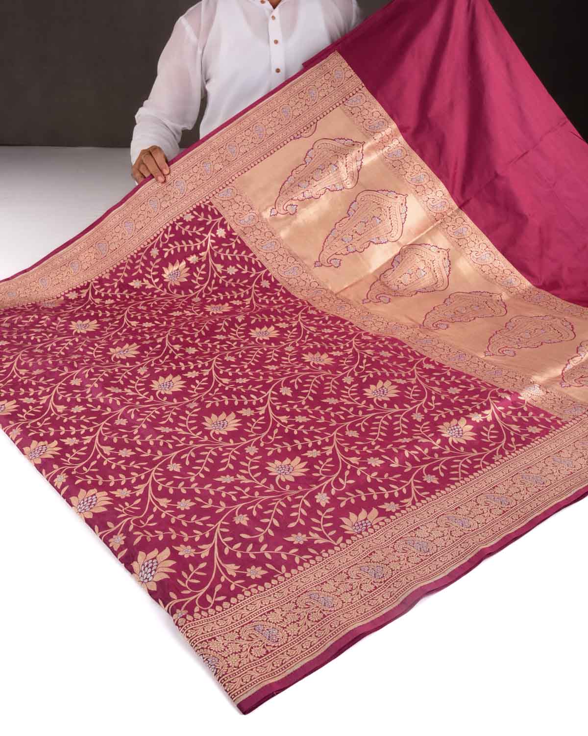 Boysenberry Purple Banarasi Gold & Silver Zari Floral Jaal Cutwork Brocade Handwoven Katan Silk Saree-HolyWeaves